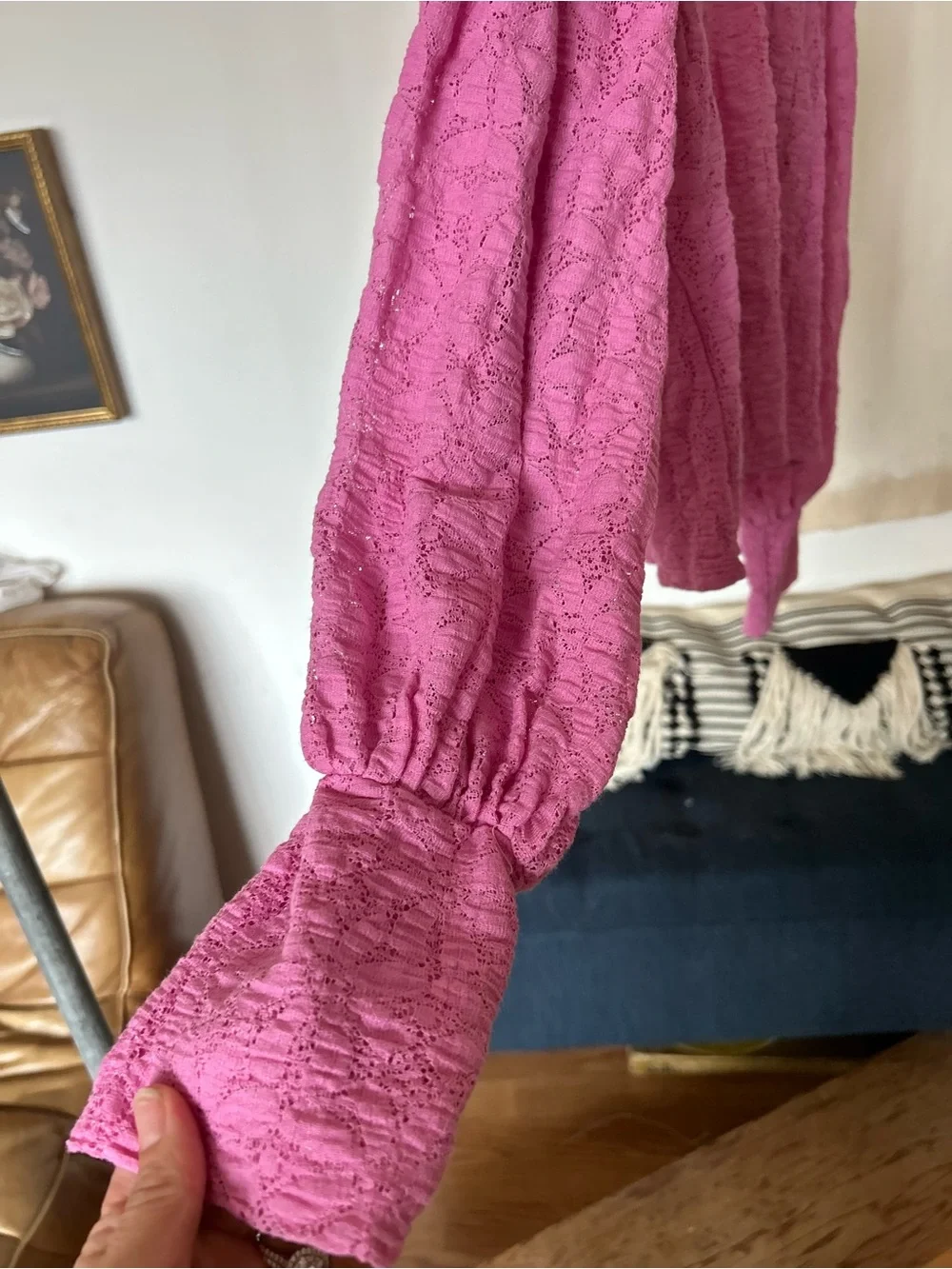 Free People Pink Lace Long-Sleeve puff Blouse